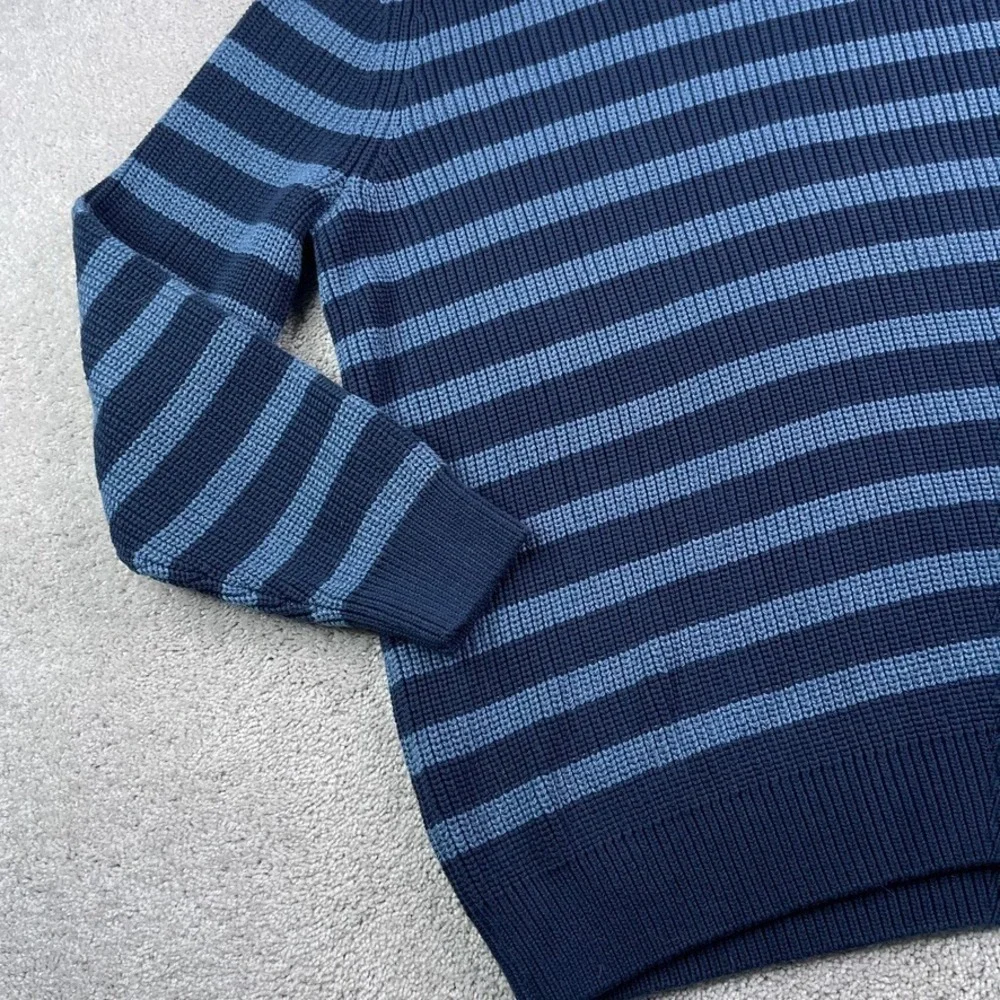LL Bean Sweater Mens XL Tall Blue Stripes Crewneck Heavy Cotton Chunky Fisherman